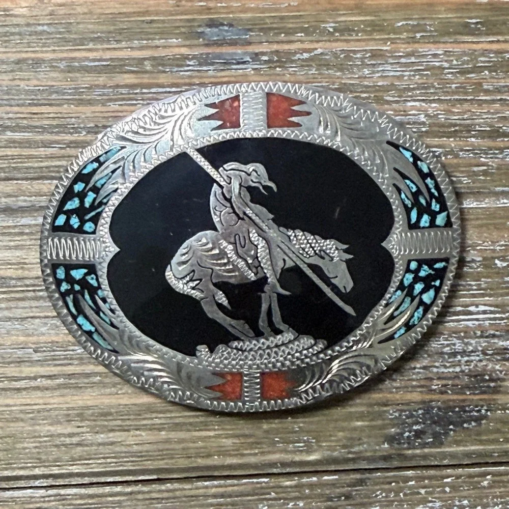 Vintage Western End of the Trail Belt Buckle Turquoise Coral Inlay Oval Silver